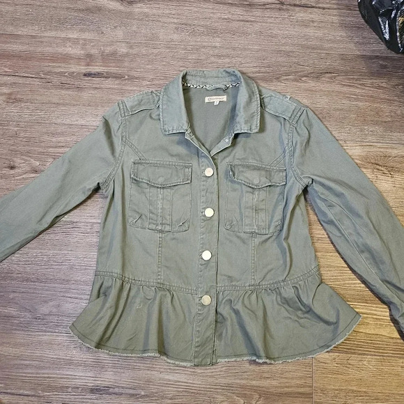 Democracy Olive Green Peplum Jacket,Snap Button Down W Pockets,Raw Hem SZ M - Picture 5 of 10
